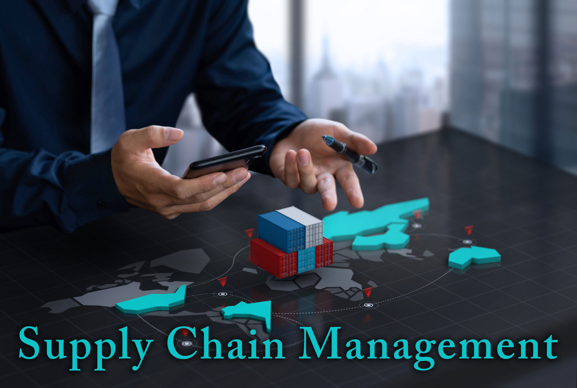 businessman-show-export-container-digital-world-map-screen